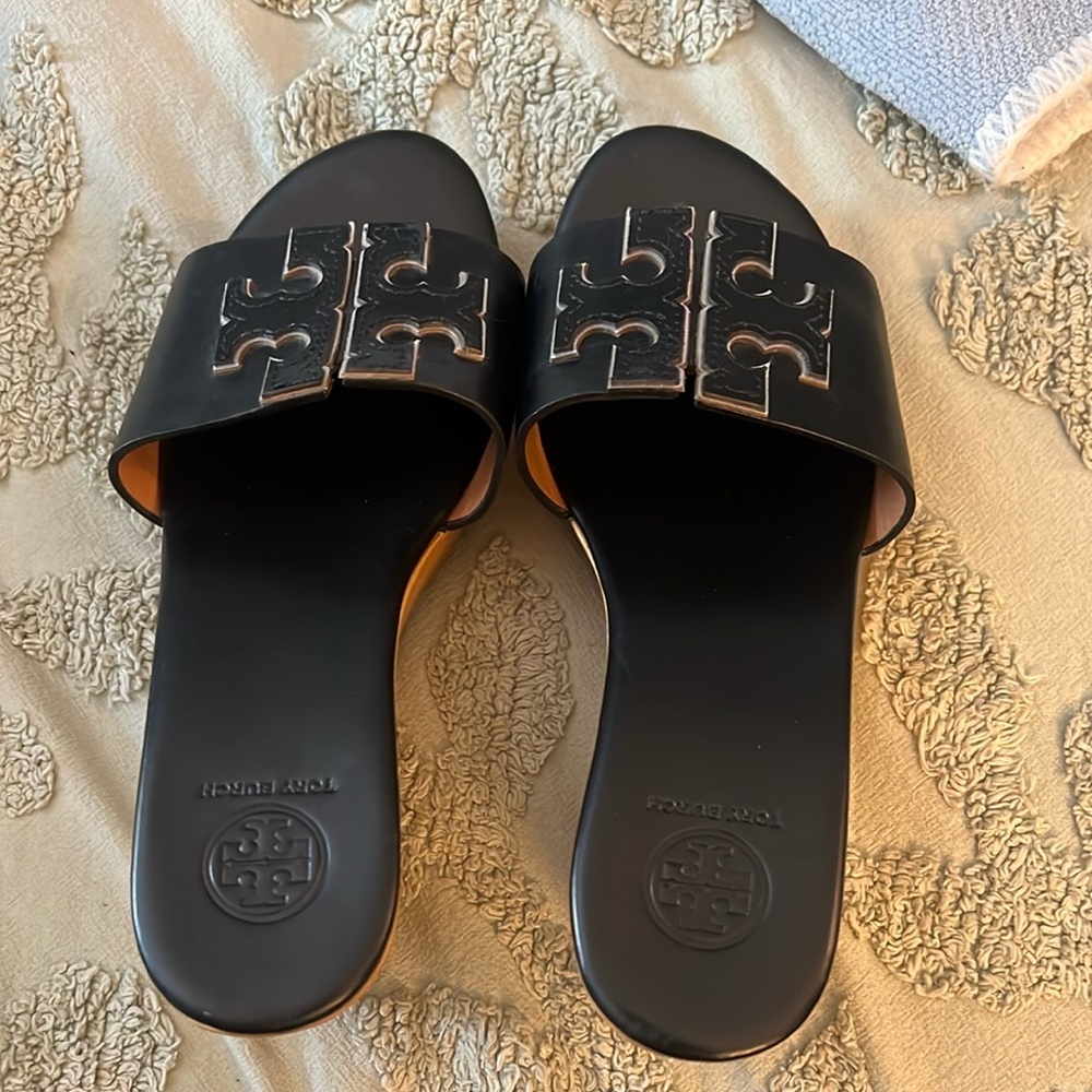 Tory Burch Black Logo platform wedge.